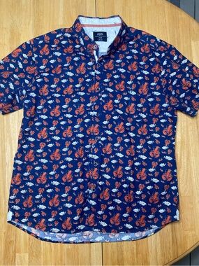 Sunrise Kingdom Men's Navy Short-Sleeve Button-Down Shirt with Red Lobster Print